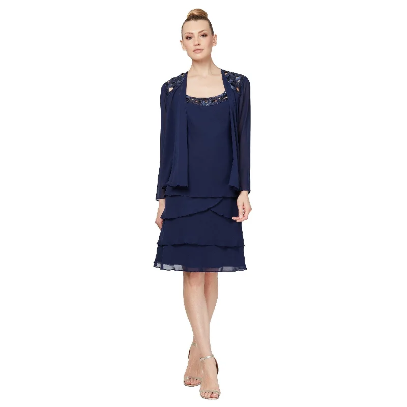 Midi skirt – Skirt that falls to the mid-calf, creating a more modest and elegant look.Midi skirt – Skirt that falls to the mid-calf, creating a more modest and elegant look.SL Fashions 110692M Short Tiered Skirt Jacket Dress Sale